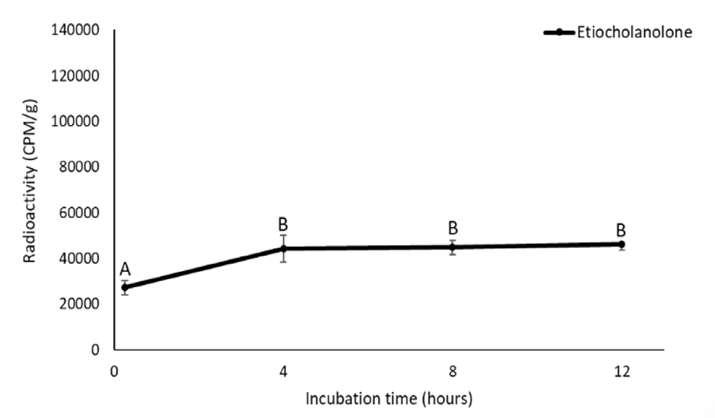 A data figure that shows the amount of radiolabeled etiocholanolone over time. Axes are the same as in Figure 1. The figure shows that radiolabeled etiocholanolone is low at zero hours (25,000 CPM/g) and significantly increases after four hours of incubation (45,000 CPM/g). Similar to the other metabolite, the amount of etiocholanolone stays relatively constant after 4 hours of incubation.