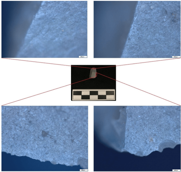 A picture of a single stone tool. Four edges around the stone are magnified to look at the patterns on its edges.