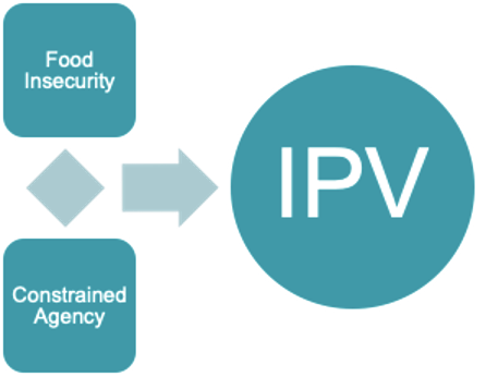 An infographic with an arrow going from constrained agency and food insecurity to intimate partner violence. 