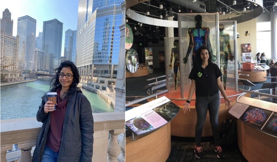 Two pictures of Pooja KR. In one, she stands in front of the river holding a cup of coffee. In the other, she stands in a museum next to an image of a human body.